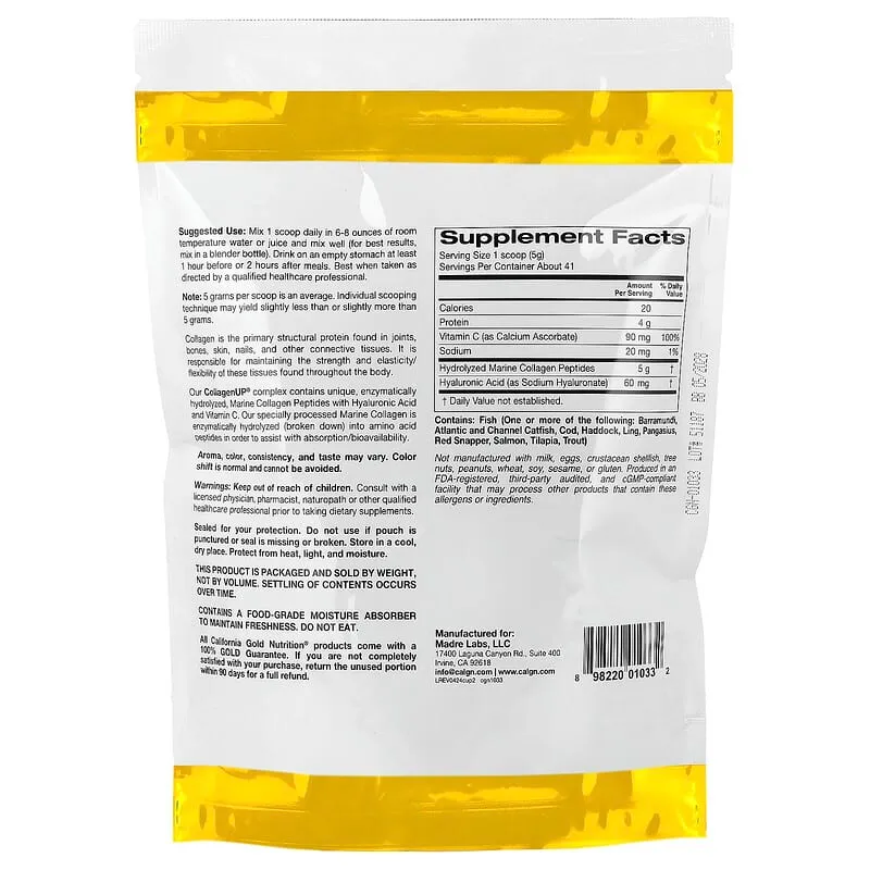 California Gold Nutrition, CollagenUP®, Peptides de collagène marin hydrolysé à l'acide hyaluronique et à la vitamine C, Non aromatisés, 206 g – Image 2