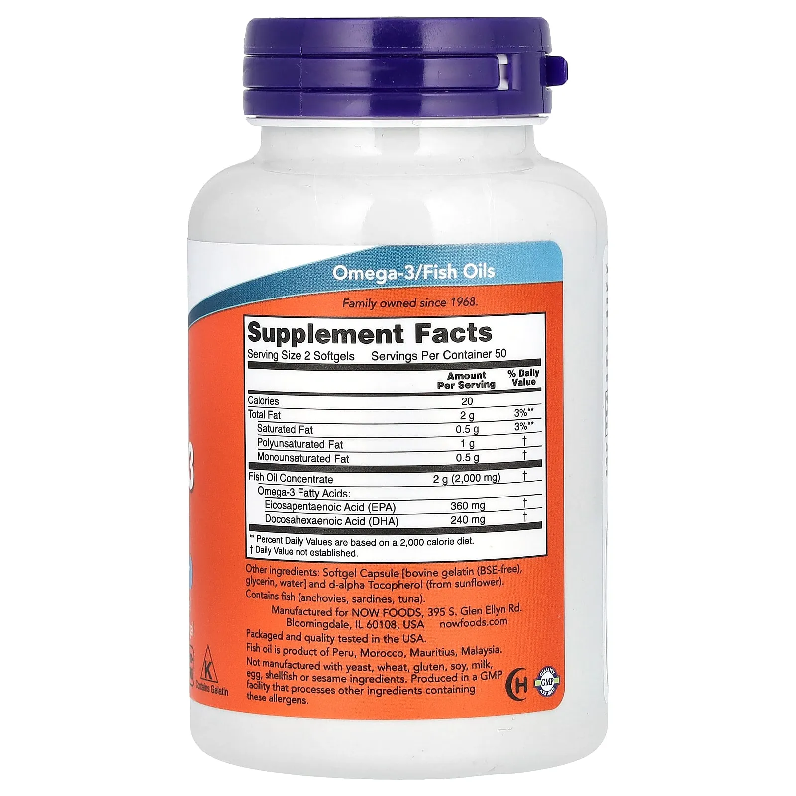 NOW Foods, Huile de poisson riche en oméga-3, 1000 mg, 180 EPA – 120 DHA, 100 capsules à enveloppe molle