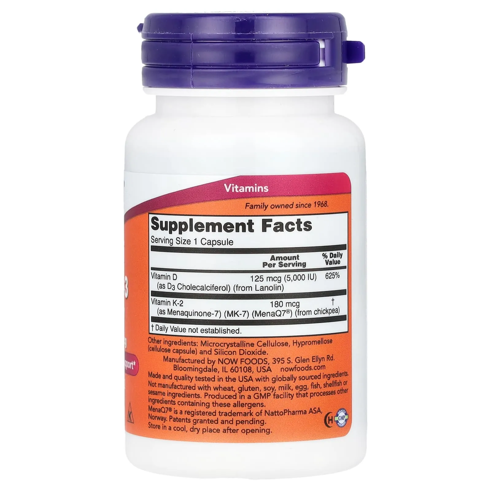 NOW Foods, Mega D-3 et MK-7, 5000 UI/180 µg, 60 capsules