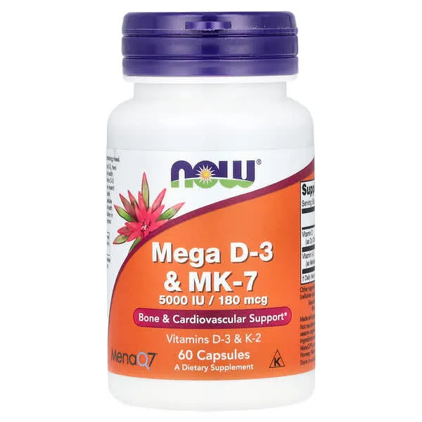 NOW Foods, Mega D-3 et MK-7, 5000 UI/180 µg, 60 capsules