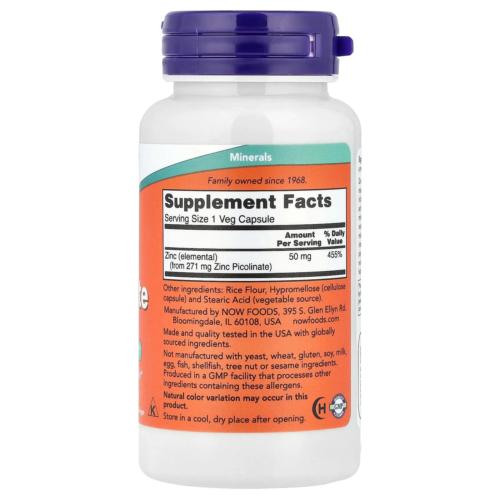 NOW Foods, Picolinate de zinc, 50 mg, 120 capsules végétariennes