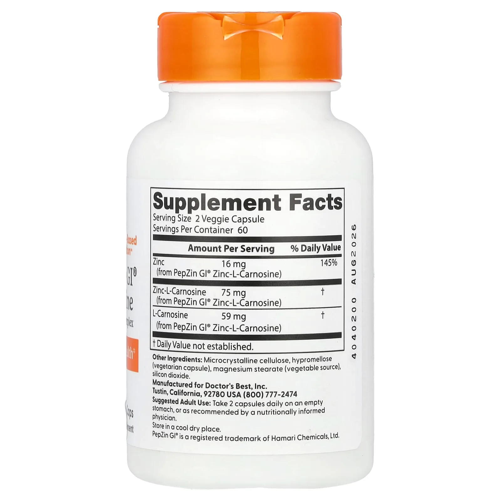Doctor’s Best, PepZin GI®, Complexe zinc-L-carnosine, 120 capsules végétales